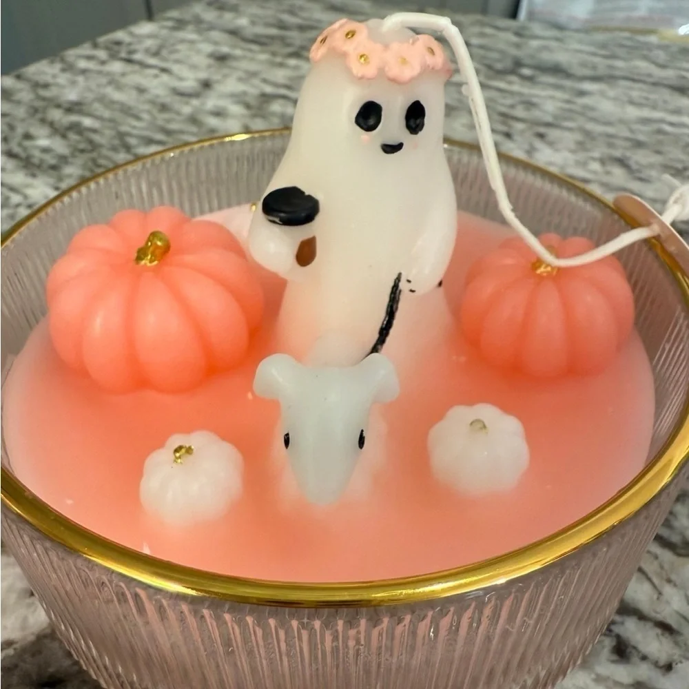 Ghost Walking Dog W/ Coffee and Pumpkin Candle NEW Afternoon Stroll Summerween